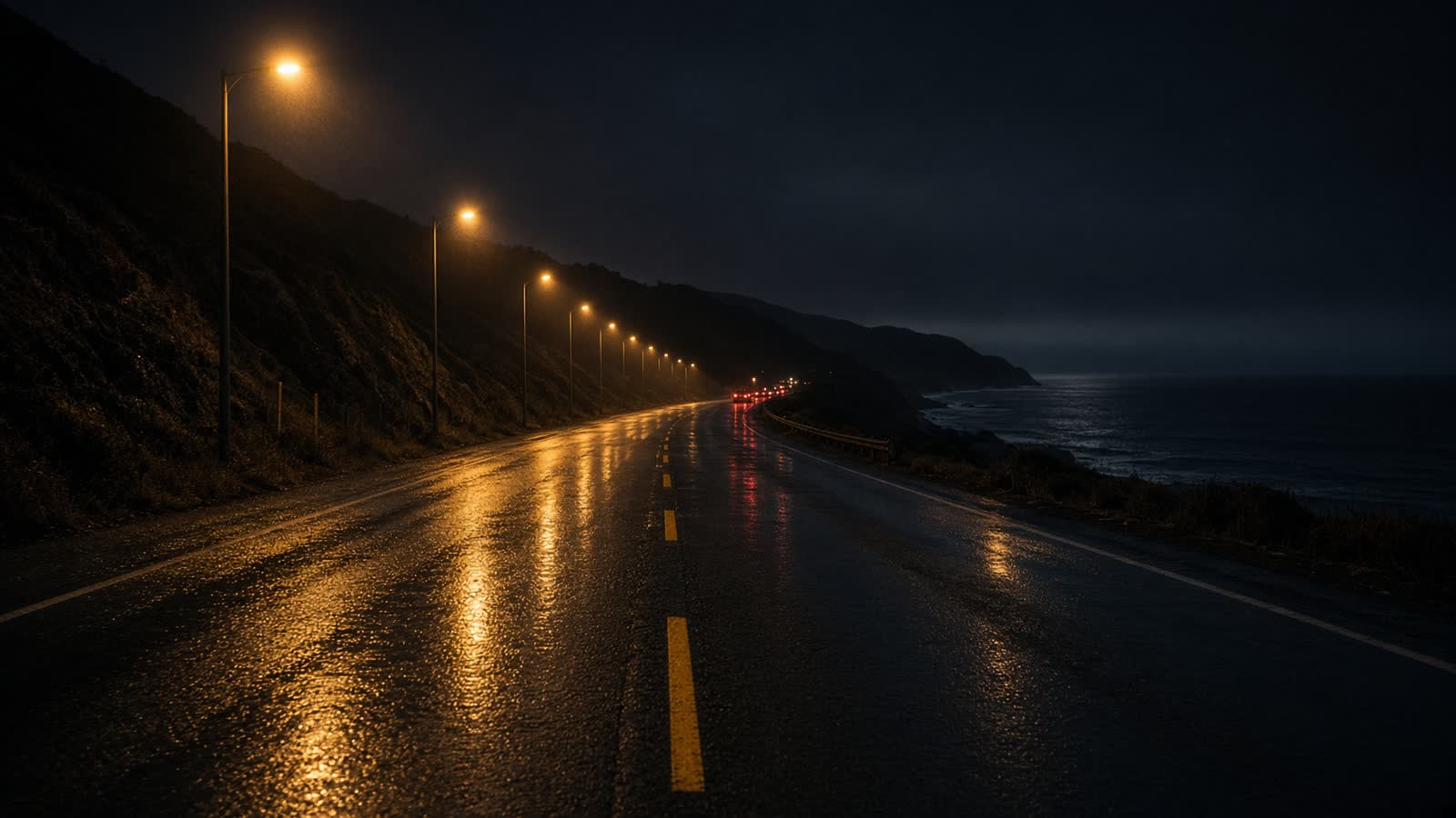 Night coastal highway — the kind of real-world road Hop Earth generates
